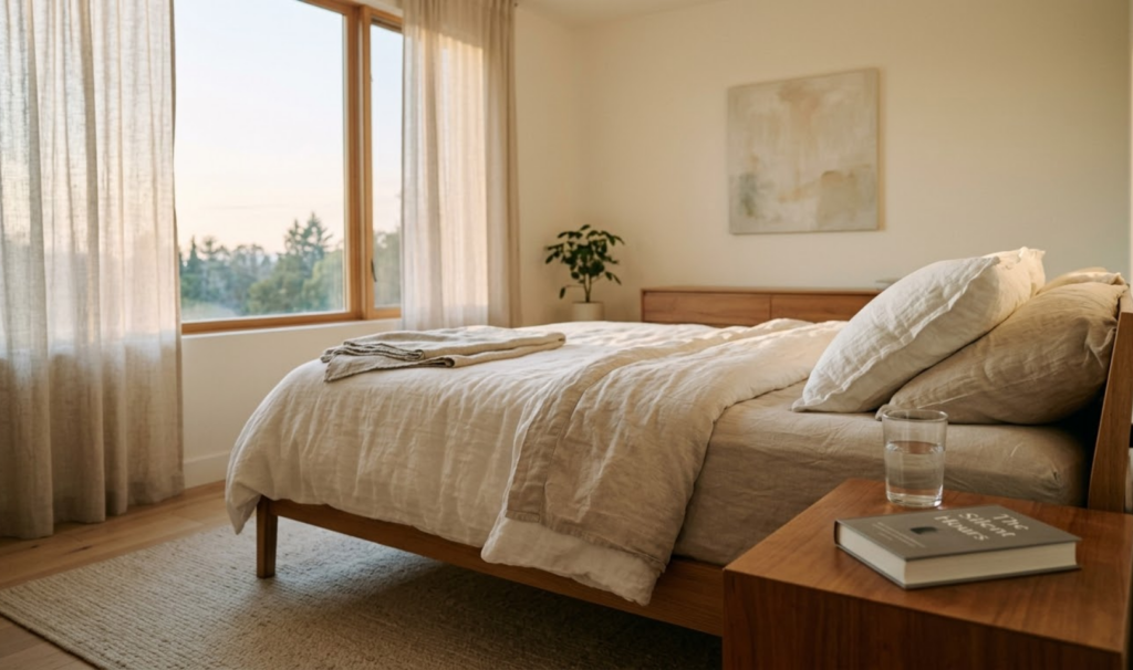 Šviesus, modernus miegamasis ankstyvą rytą