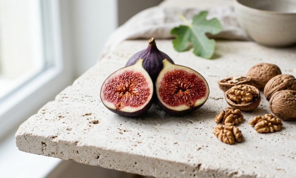 ant šviesaus akmens paviršiaus guli pusiau perpjauta purpuro spalvos figa ir sauja šviežių graikinių riešutų