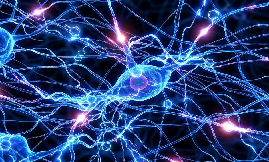 Abstrakčių, švytinčių elektrinių impulsų (sinapsių) tinklas tamsiame fone, reprezentuojantis smegenų veiklą