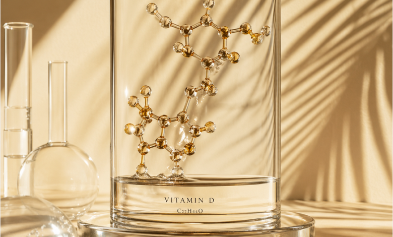 Abstrakti švytinti vitamino D molekulės struktūra laboratoriniame stikle saulėtame fone