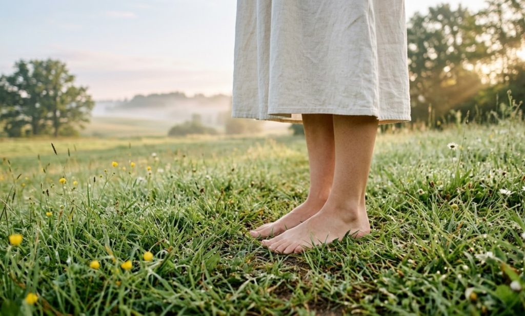 Basos moters kojos stovi ant rasotos, žalios žolės ankstyvą rytą