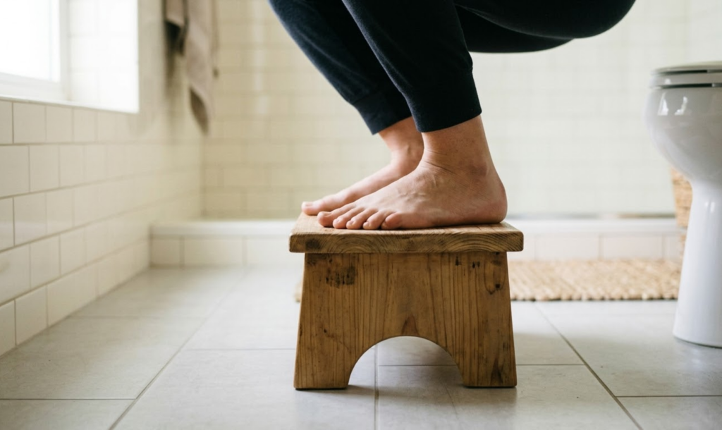 Basos moters pėdos stovi ant nedidelio medinio laiptelio (suolelio) šviesaus vonios kambario aplinkoje