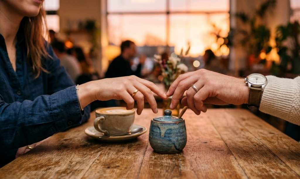 Dvi rankos, vyro ir moters, vienu metu siekia cukrinės ant stalo