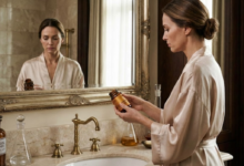 Graži, elegantiška moteris šilkiniu chalatu stovi prie veidrodžio, rankoje laikydama rudo stiklo papildų buteliuką