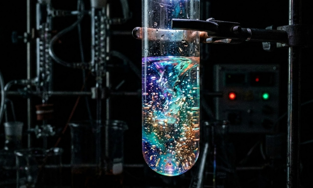 Makro nuotrauka, vaizduojanti laboratorinį stiklinį indą su švytinčiu, spalvingu skysčiu