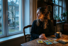 Moteris prieblandoje sėdi prie stalo, ant kurio išmėtytos kelios taro kortos