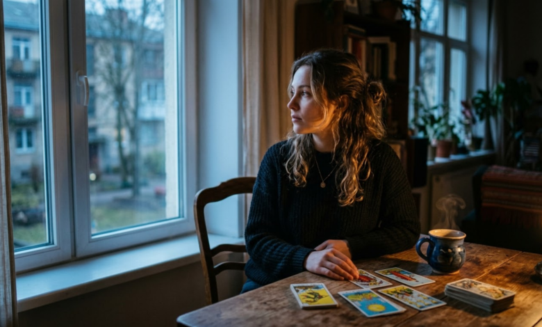 Moteris prieblandoje sėdi prie stalo, ant kurio išmėtytos kelios taro kortos