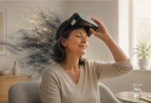 Abstrakčiai pavaizduotas smegenų neuroplastikumas ir nervų sistemos raminimas mėlyna šviesa.