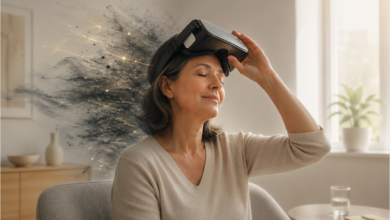 Abstrakčiai pavaizduotas smegenų neuroplastikumas ir nervų sistemos raminimas mėlyna šviesa.