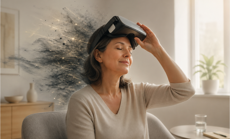 Abstrakčiai pavaizduotas smegenų neuroplastikumas ir nervų sistemos raminimas mėlyna šviesa.