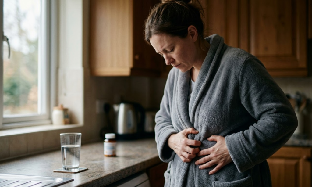 Moteris stovi prie lango ar virtuvėje, vilkėdama minkštą naminį chalatą