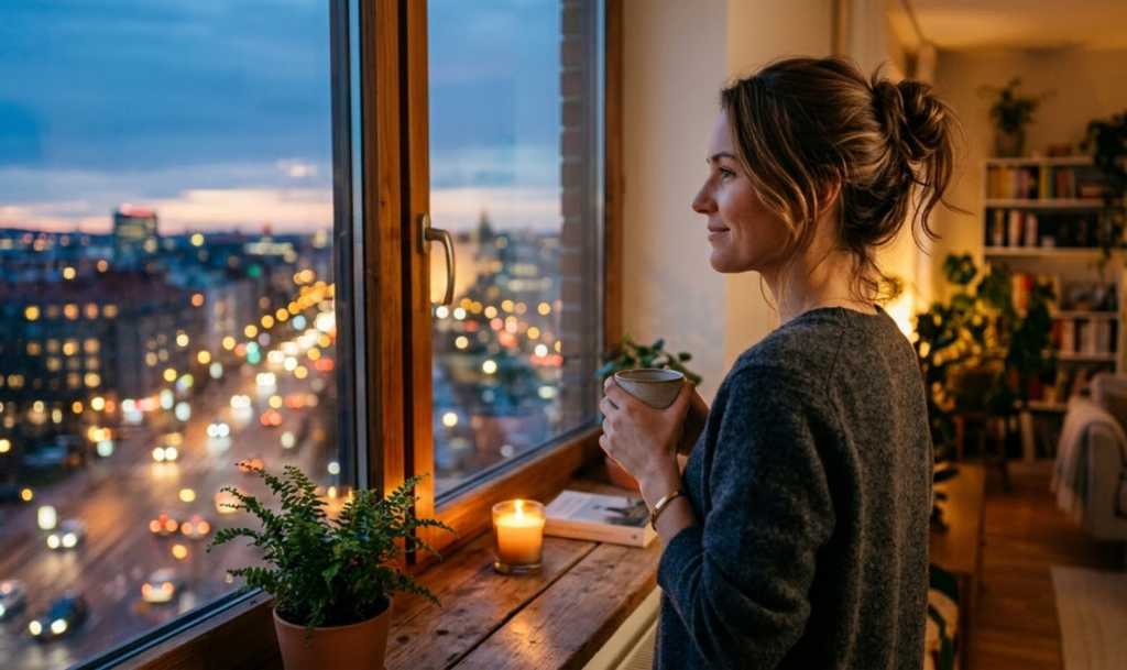 Moteris žiūri pro langą į vakaro šviesas, jos veide matosi rami, lengva šypsena