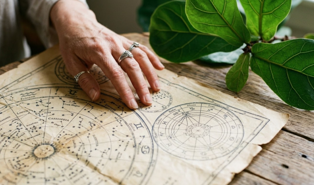 Moters rankos švelniai liečia senovinį žvaigždėlapį