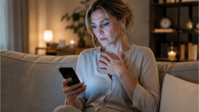 Nerimaujanti moteris naktį skaito telefone ieškodama krūtinės skausmo simptomų