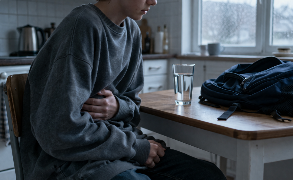 Paauglys vilki per didelį džemperį, sėdi susigūžęs ant virtuvės kėdės, viena ranka instinktyviai prispausta prie pilvo srities