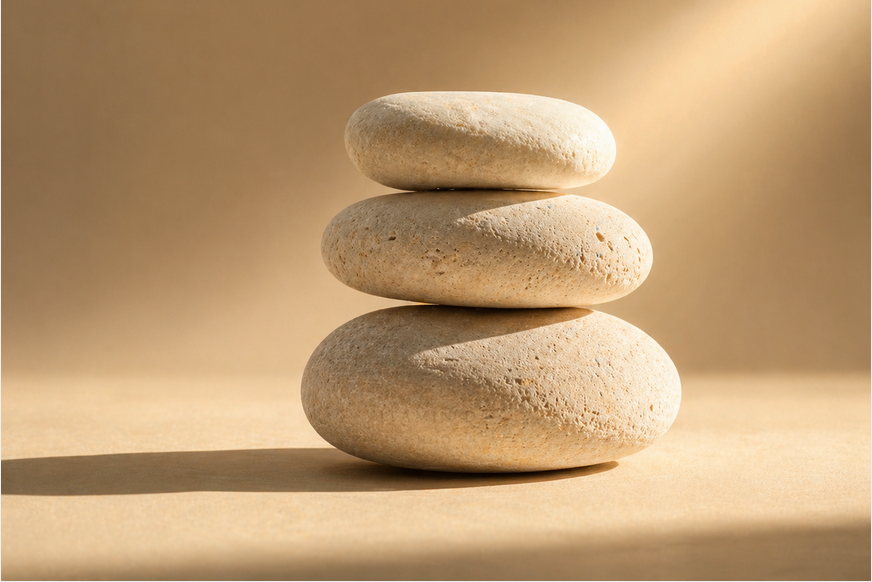 Trys idealiai subalansuoti balti akmenys, simbolizuojantys stiprius kaulus ir kalcio homeostazę