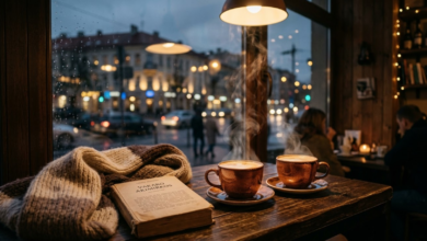 ant medinio stalo stovi du garuojantys kavos puodeliai, šalia guli atversta knyga ir minkštas šalikas