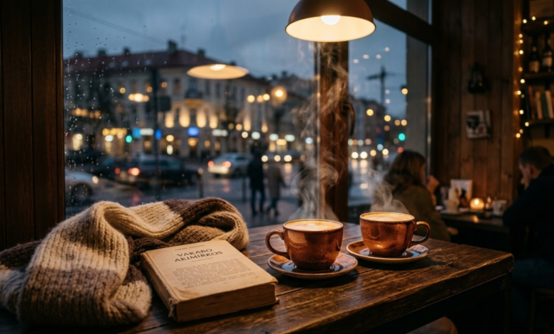 ant medinio stalo stovi du garuojantys kavos puodeliai, šalia guli atversta knyga ir minkštas šalikas