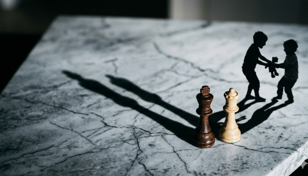 ant stalo karaliaus ir karalienės šachmatų figūros bei besipešantys vaikų šešėliai