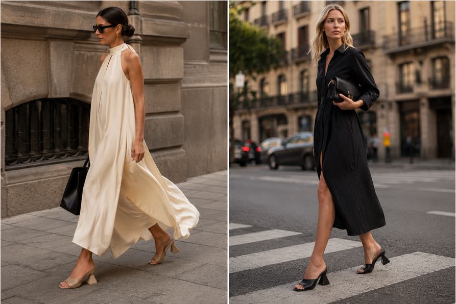 dvi skirtingos moterys miesto gatvėse vilki elegantiškas midi ilgio sukneles ir avi minimalistinius „flared heels“ tipo batelius su architektūriniu kulnu