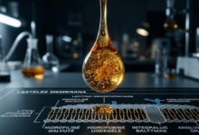 gintaro spalvos, klampus lecitino lašas, krentantis ant moksliškai tikslios ląstelės membranos schemos