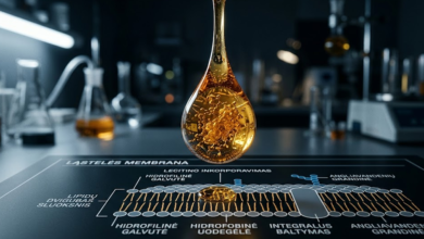 gintaro spalvos, klampus lecitino lašas, krentantis ant moksliškai tikslios ląstelės membranos schemos