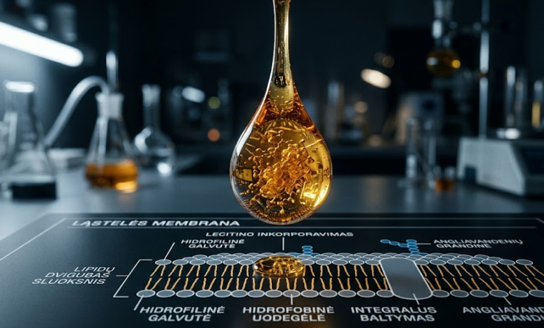 gintaro spalvos, klampus lecitino lašas, krentantis ant moksliškai tikslios ląstelės membranos schemos