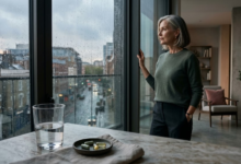 legantiška moteris mąsliai žiūri pro langą, šalia ant stalo guli vitaminai.