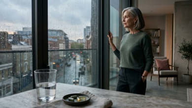 legantiška moteris mąsliai žiūri pro langą, šalia ant stalo guli vitaminai.