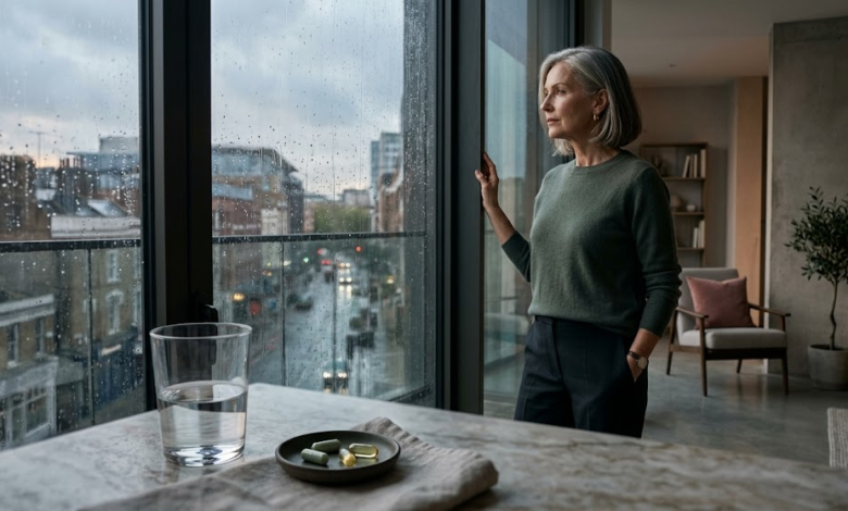 legantiška moteris mąsliai žiūri pro langą, šalia ant stalo guli vitaminai.