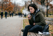 moteris sėdi ant suoliuko ir veipina