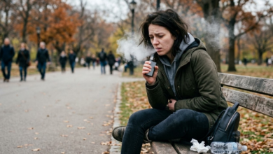 moteris sėdi ant suoliuko ir veipina