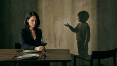 moteris sėdi prie stalo su vyno taure, o ant sienos vaiko šešėlis, tiesiantis ranką