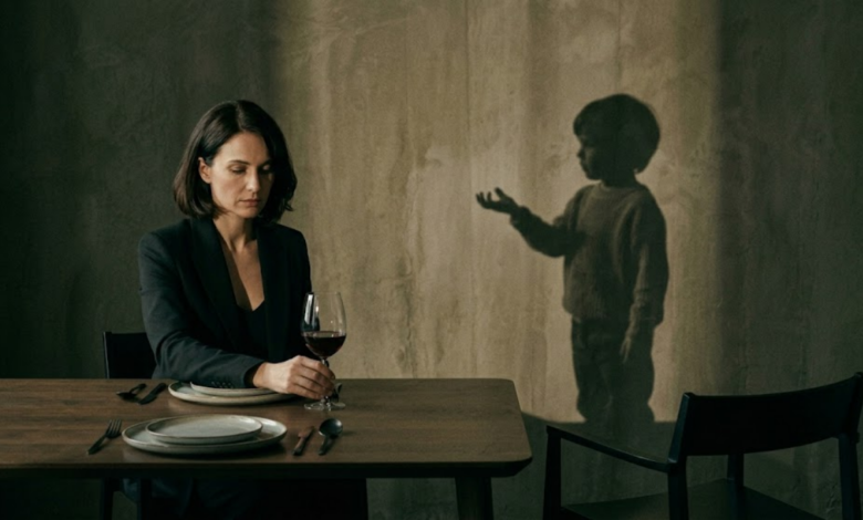 moteris sėdi prie stalo su vyno taure, o ant sienos vaiko šešėlis, tiesiantis ranką