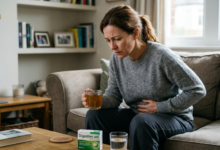 moteris sėdi susiėmusi už pilvo, jai užkietėję viduriai