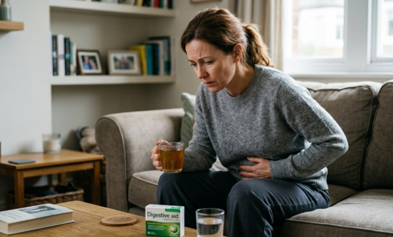 moteris sėdi susiėmusi už pilvo, jai užkietėję viduriai