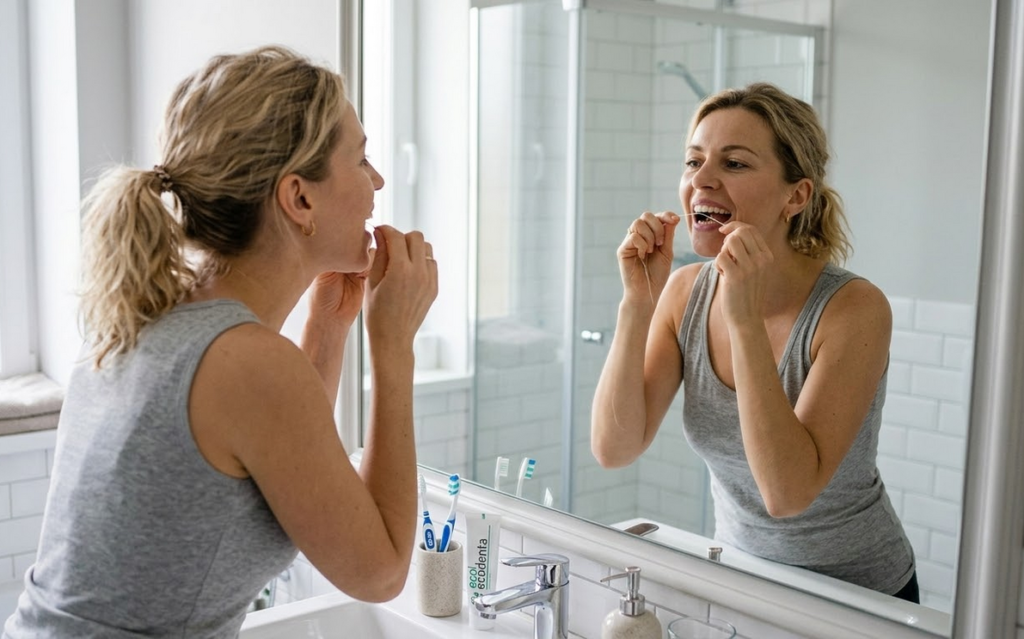 moteris su siūlu valo dantis prieš veidrodį