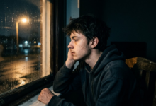 paauglio portretas iš profilio, sėdinčio tamsiame kambaryje prie lango vėlų vakarą