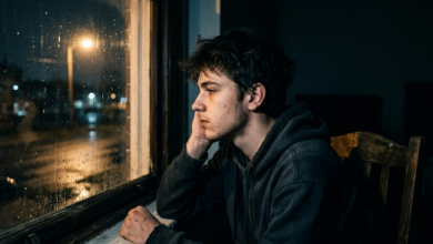 paauglio portretas iš profilio, sėdinčio tamsiame kambaryje prie lango vėlų vakarą