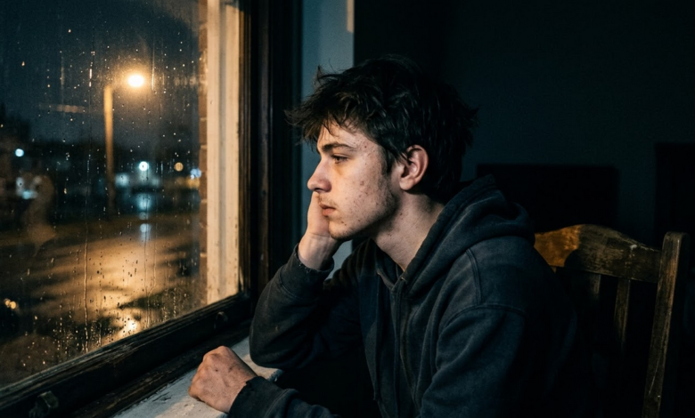 paauglio portretas iš profilio, sėdinčio tamsiame kambaryje prie lango vėlų vakarą