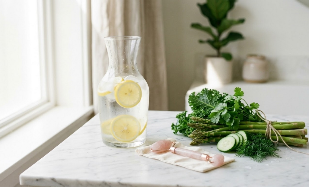 vandens grafinas su citrinos griežinėliais, šalia padėtas šilkinis veido masažuoklis ir žalių daržovių puokštė ant balto marmuro paviršiaus