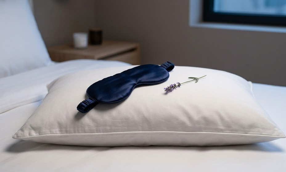 Ant  baltos s medvilnės pagalvės guli tamsiai mėlyno (navy blue) šilko miego kaukė