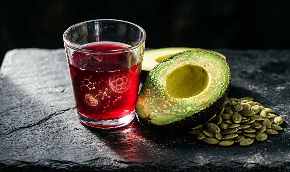 Ant juodo, grublėto skalūno akmens paviršiaus stiklinė tamsiai raudonų granatų sulčių, šalia jos tvarkingai pabarstyta sauja moliūgų sėklų ir tobulai perpjautas avokadas