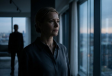 Brandi, elegantiška 45 m. moteris stovi moderniame, minimalistiniame interjere, pusiau šešėlyje