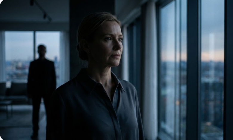 Brandi, elegantiška 45 m. moteris stovi moderniame, minimalistiniame interjere, pusiau šešėlyje