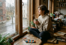 Moteris apie 40-ies, vilkinti jaukų, oversized megztinį, sėdi ant senos medinės palangės šviesiame, šiek tiek netvarkingame kambaryje