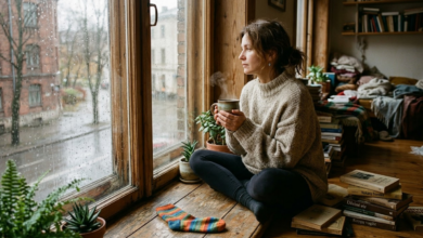 Moteris apie 40-ies, vilkinti jaukų, oversized megztinį, sėdi ant senos medinės palangės šviesiame, šiek tiek netvarkingame kambaryje