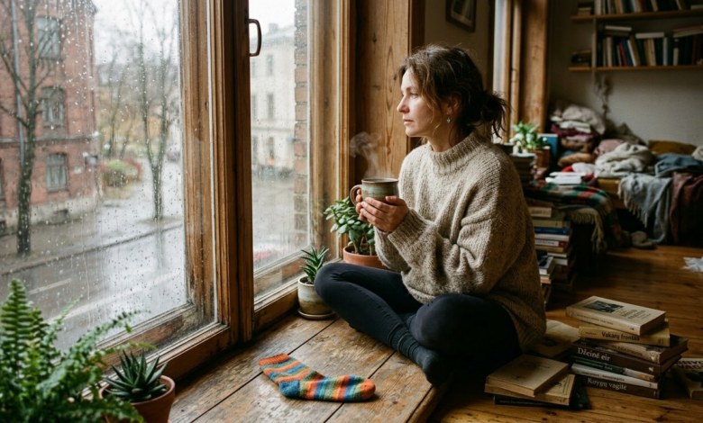 Moteris apie 40-ies, vilkinti jaukų, oversized megztinį, sėdi ant senos medinės palangės šviesiame, šiek tiek netvarkingame kambaryje