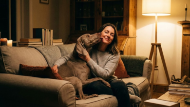 Moteris sėdi ant sofos, o jos šuo švelniai laižo skruostą