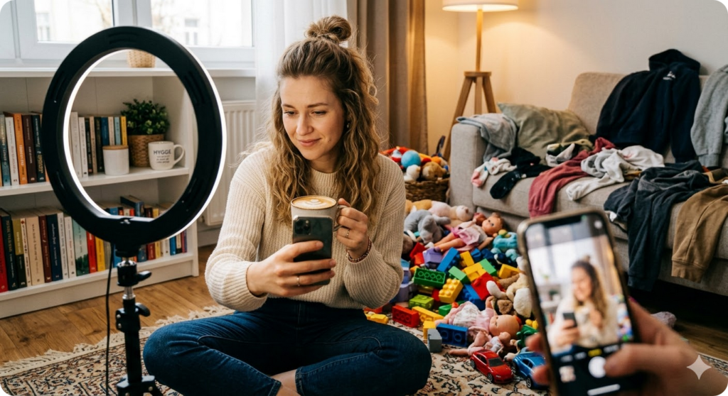 influencerė filmuojasi šalia nesutvarkytų žaislų